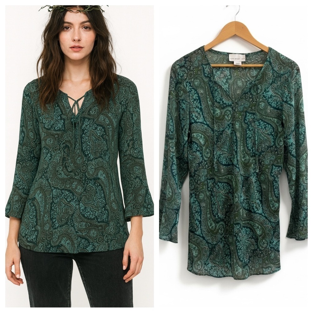 Vintage Sheer Paisley Whimsical Tie-Neck Blouse Size M Bell Sleeve Fairycore Top